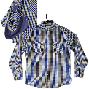 PD&C M Mens Button Up Shirt Plaid Blue Black White Roll Tab Sleeves Western